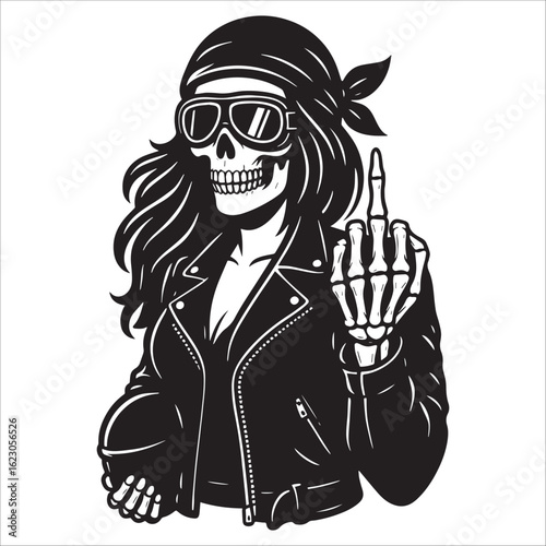 Female Biker Skeleton with Middle Finger