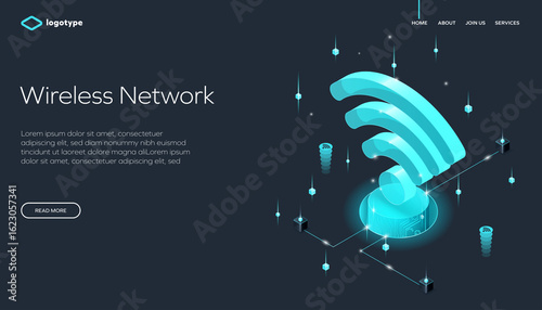 Futuristic isometric illustration of a wireless network with glowing blue signal icon, connected blocks, and digital elements. Ideal for tech, IoT, 5G, and communication-related projects.