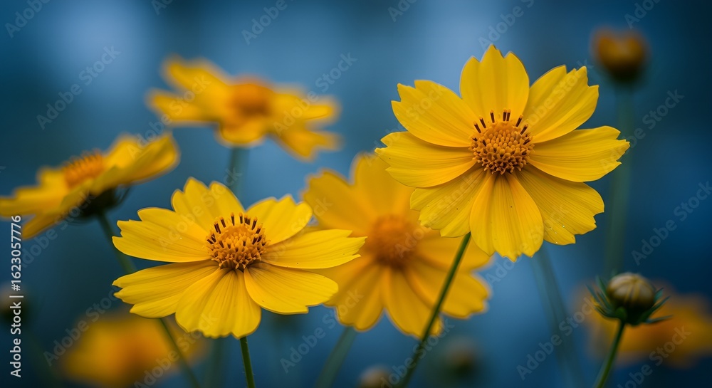 Fototapeta premium Yellow Cosmos Flowers Against a Dreamy Blue Background