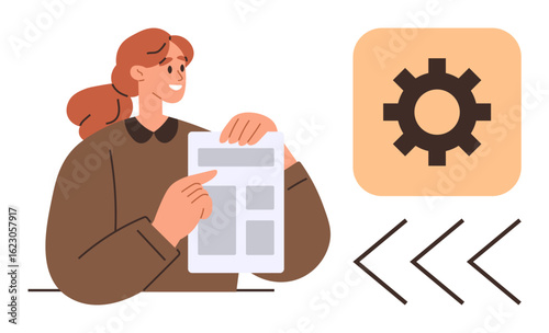 Smiling woman holds and reviews a document, accompanied by a gear icon and arrows. Ideal for analysis, planning, organization, workflow, strategy, productivity and teamwork. A simple flat metaphor