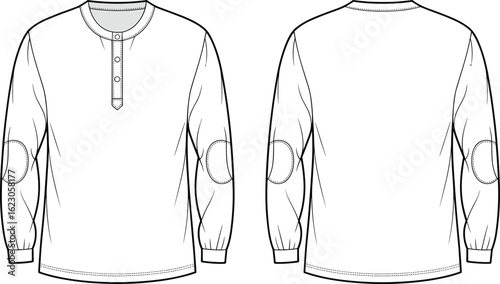 ad drawing flat vector illustration, long sleeve shirt, front and back view, round neckline, buttoned placket, elbow patch, ribbed cuff, stitching detail, fashion sketch, garment t