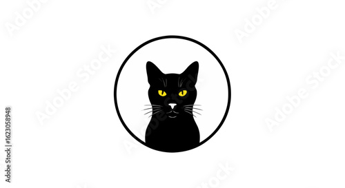 A black cat with piercing yellow eyes centered in a black circle on a white background looking forward