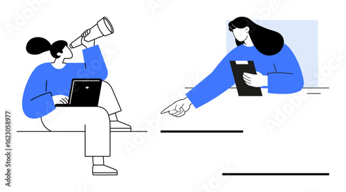 Female professional using a telescope while holding a laptop, pointing collaborator with clipboard. Ideal for teamwork, strategy, discovery, collaboration, leadership, vision, simple landing page