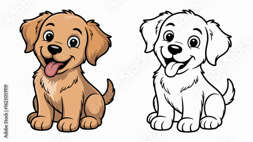 Adorable Golden Retriever Puppy Cartoon Illustration Color and Outline Versions.