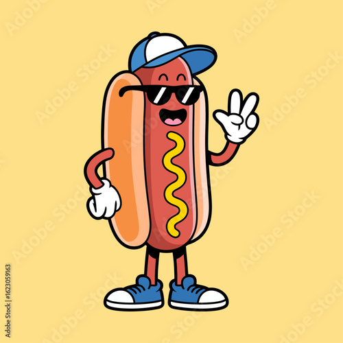 Cool Hot Dog Cartoon Character Wearing Sunglasses and a Cap.