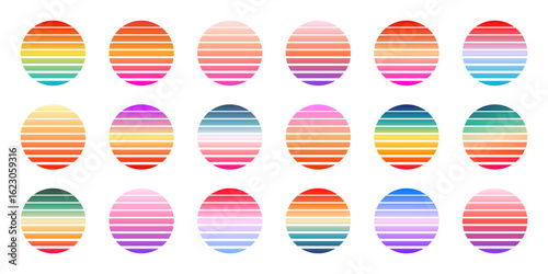 Vintage colorful sunset. Striped gradient sunrise badges in 80s and 90s style. Sun and ocean view, summer vibes, surfing. Design element for print, logo or t-shirt. Vector illustration