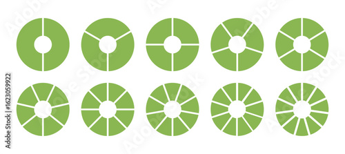 Infographic circle division on from 2 to 11 equal parts. Set of wheel round divided green diagrams with two, three, four, five, six, seven, eight, nine, ten, eleven segments. Coaching blank templates.