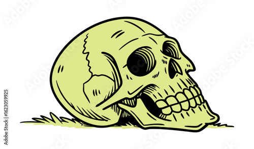 Stylized cartoon illustration of a yellow human skull with large eye sockets and visible teeth resting on grass