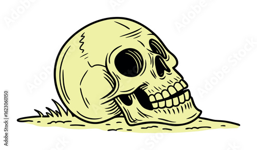 A vintage cartoon style illustration of a pale yellow human skull emerging from sandy ground with a few blades of grass