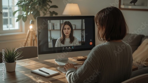 Woman Attends Video Call on Computer in Cozy, Well-Lit Home Office