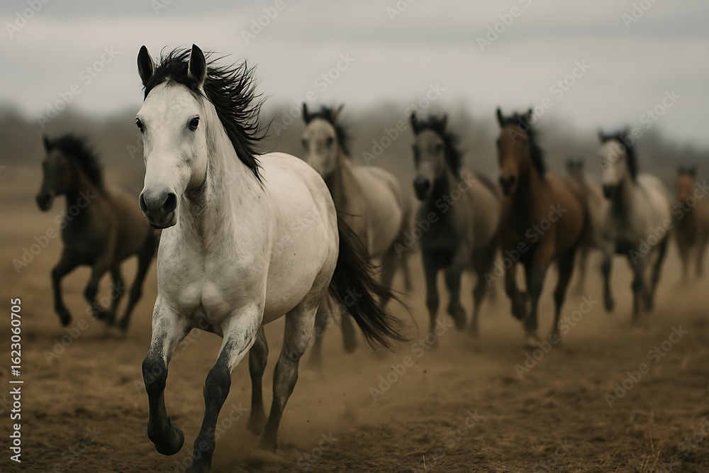 Fototapeta premium Herd of horses running wild in a dusty field, freedom and power