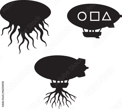 Three black silhouette icons a jellyfish a blimp with circle square triangle symbols and a blimp with roots