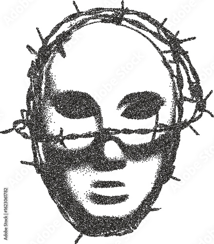 Mask vintage y2k stipple art, conceal halftone stipple brutalist retro vector png with transparent background, disguise 2000s aesthetic photocopy effect tattoo