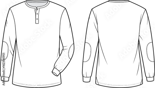 cad drawing flat vector illustration, long sleeve shirt, front and back view, round neckline, button placket, elbow patch, ribbed cuff, stitching detail, fashion sketch, garment template