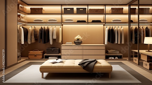 Minimalist closet design with soft maple cabinetry, thin gold-lined shelving, a central ottoman with a tan suede cushion, recessed wall lights, and dark matte flooring, full frame,