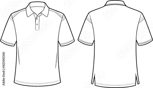 cad drawing flat vector illustration, polo shirt front and back view, short sleeve, three-button placket, collar detail, seam lines, fashion sketch, garment template, apparel design,