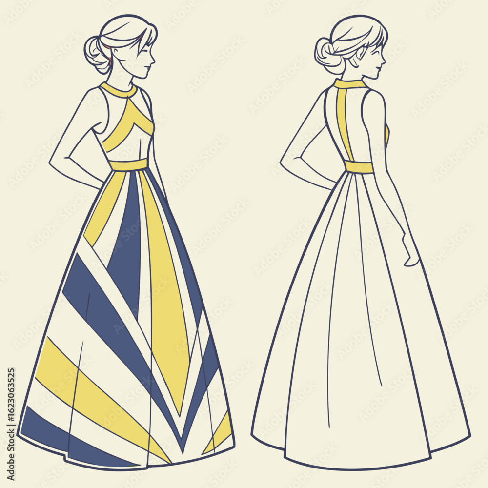 Fototapeta premium Technical flat sketch vector illustration of a girl's gown.
