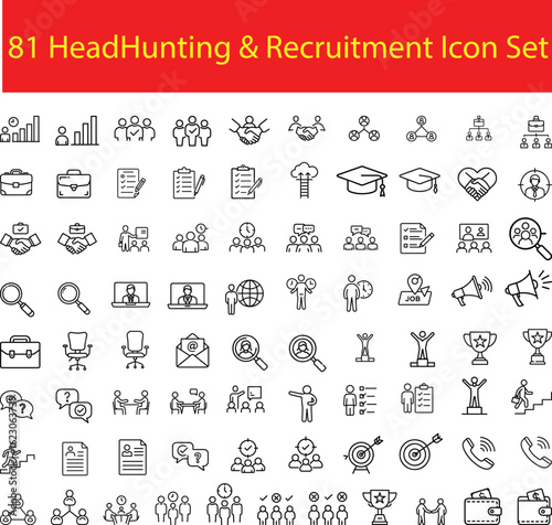 Recruitment and Headhunting Icon set: A collection of 81 intricate line-art icons, symbolizing diverse aspects of recruitment, human resources, and headhunting.