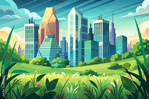 vectot of Skyscrapers can be seen from a distance from green nature and grass. The country of Canada. Canada, a beautiful view from afar...