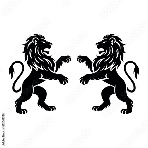 Two rampant black lions heraldic emblem on white background vector illustration
