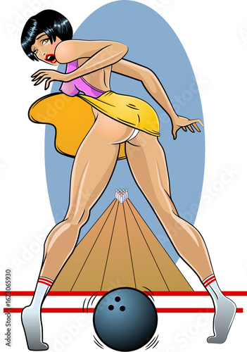 Vintage pin-up style surfer girl illustration with retro bikini and surfboard, nostalgic summer art in cartoon style
