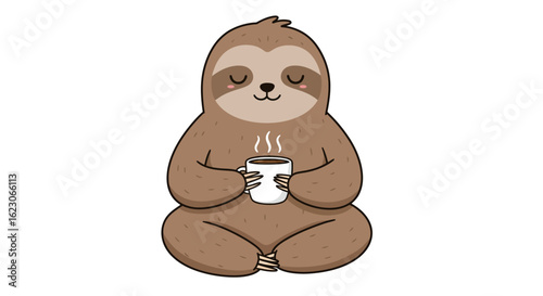 A cute and adorable cartoon sloth peacefully meditating while holding a warm steaming cup of coffee in its paws demonstrating a calm and relaxed demeanor