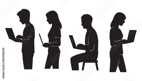 Silhouette People group Using Laptop in Various Working and Sitting and stunt Poses