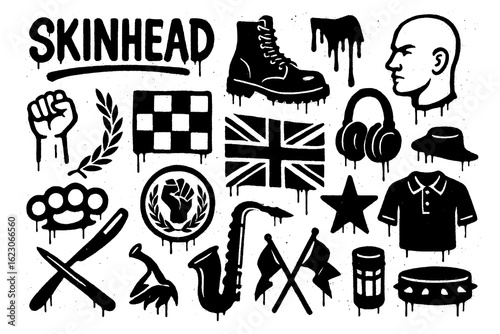 Fotografie Skinhead culture elements in punk stencil spray paint style, Transparent Backgro