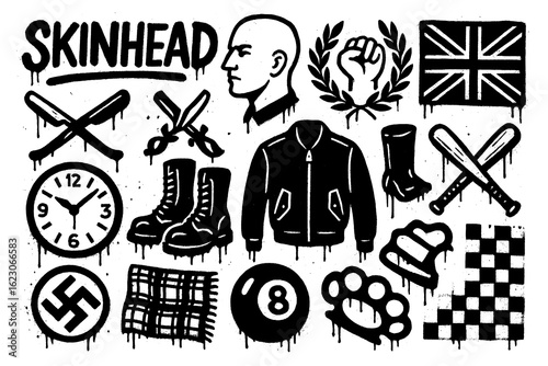 Photos Skinhead culture elements in punk stencil spray paint style, Transparent Backgro