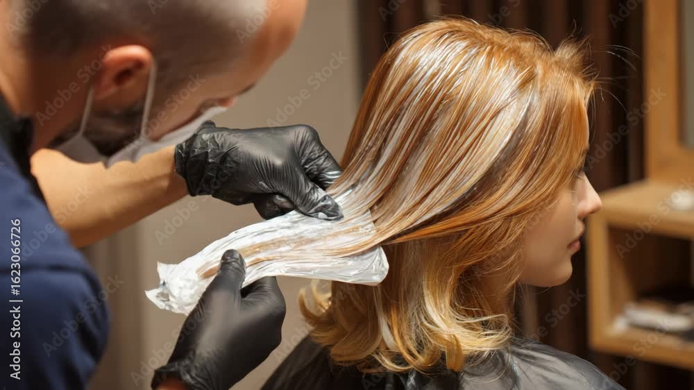 Hair coloring technique in salon with professional stylist and client
