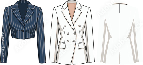 Women’s blazer icon set, cropped pinstripe jacket, double-breasted white blazer, back view illustration, fashion mockup, tailored fit, vector garment design