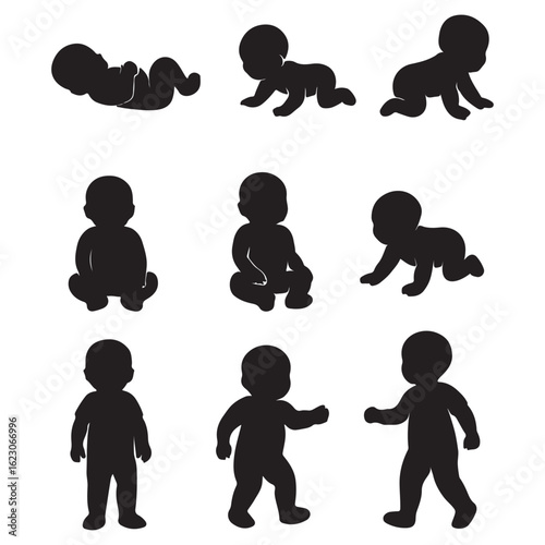 Silhouette Collection of Baby Crawling, Sitting, and Walking Poses

