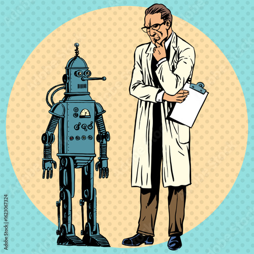 Professor scientist and a robot. The Creator and gadget new science technology pop art comics retro style Halftone