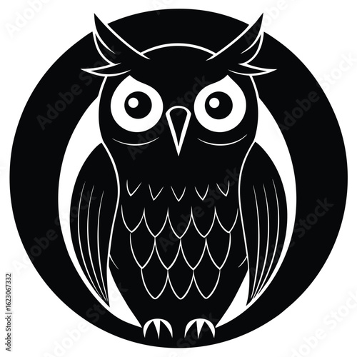 Simple yet elegant black and white owl illustration within a circle