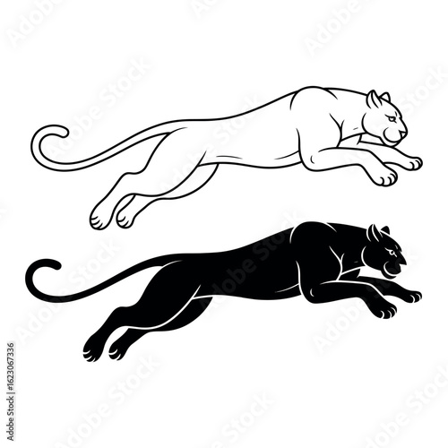Black and white silhouette of a leaping panther jaguar leopard