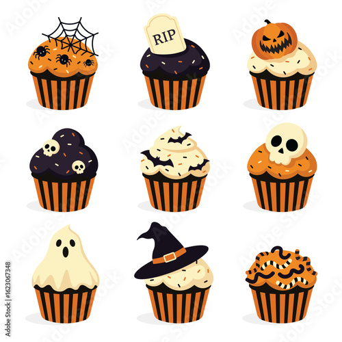 Set of Halloween cupcakes with spooky decorations: ghosts, skulls, spiders, tombstone, bats, witch hat, and pumpkin. Fun and festive flat vector for autumn food, party, and holiday design