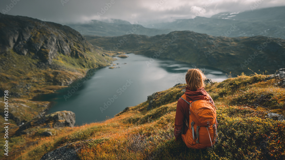 A woman with an orange backpack sits on a hill overlooking a lake surrounded by mountains and cloudy sky A woman with an orange backpack sits on a hill overlooking a lake surrounded by mountains and cloudy sky