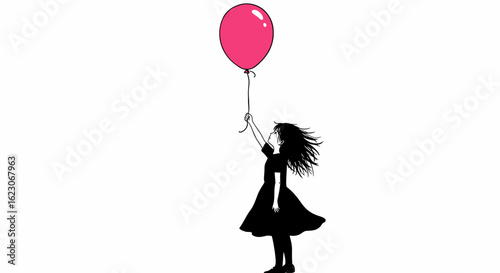 A little girl in a black dress holding a bright pink balloon that is floating up towards the sky the girl's dark curly hair is blowing in the wind against a pure white background creating a simple yet