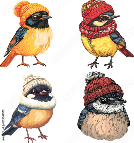 Weaverbird bird is wearing the hat in the winter season vector style on white background