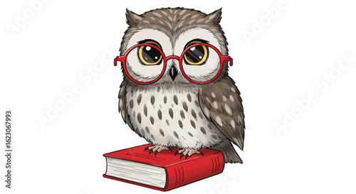 Charming illustration of a cute wise owl wearing red eyeglasses and perched atop a closed red book symbolizing knowledge and learning