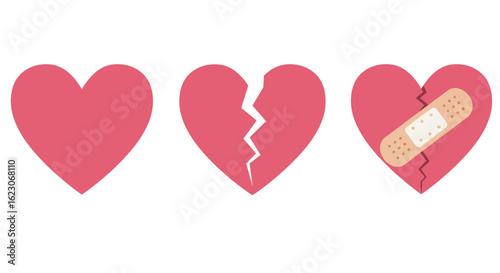 Visual representation of the emotional journey from a healthy heart to a broken heart and the process of healing with bandages symbolizing recovery and mending emotional wounds
