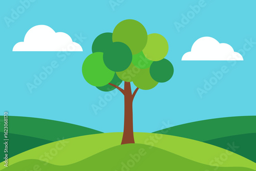 Stylized green tree with clouds and rolling hills