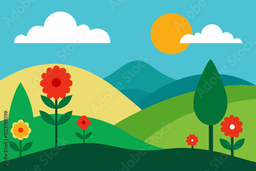 Stylized illustration of a vibrant spring landscape with rolling hills and flowers