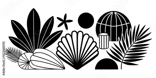 This cheerful, minimalist poster design features a sun, seashell, palm leaf, and starfish arranged in a graphic style, evoking a summery beach aesthetic.