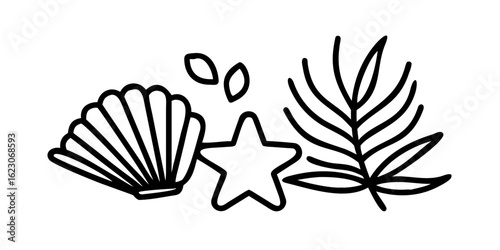 This cheerful, minimalist poster design features a sun, seashell, palm leaf, and starfish arranged in a graphic style, evoking a summery beach aesthetic.