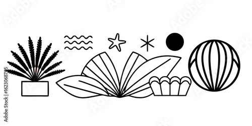 This cheerful, minimalist poster design features a sun, seashell, palm leaf, and starfish arranged in a graphic style, evoking a summery beach aesthetic.