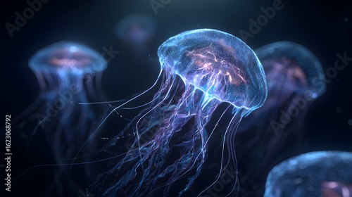 Mystical Jellyfish Background in Deep Blue and Purple with Bioluminescent Details