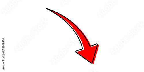 Pointing arrow red color black outline down sign arrow point downward falling indication direction sign symbol flat vector illustration business curved outlined