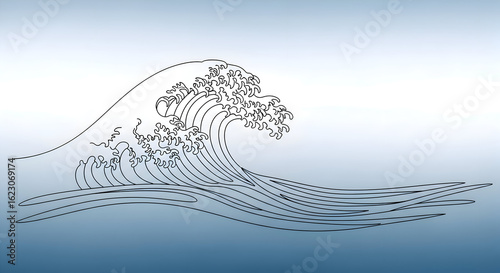 An Artistic Illustration of a Powerful Ocean Wave Cresting and Breaking with Detailed Black Ink Lines on a Subtle Blue Gradient Background Capturing the Movement of Water