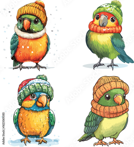 The little Parrot bird is wearing the hat in the winter season vector style on white background